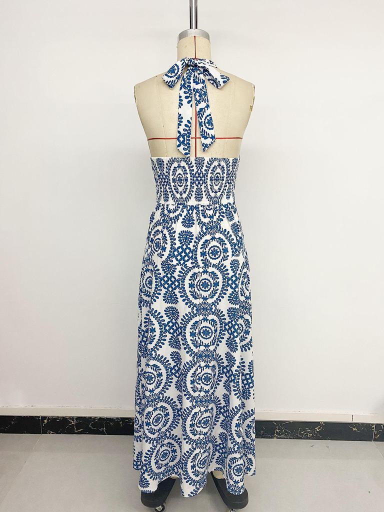 2026 Women's Summer Beach Halter Print Long Dress - Backless, Sleeveless, and Perfect for Vacation.