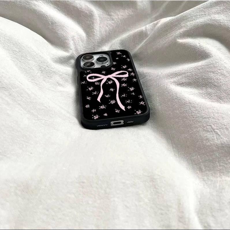 Pink bow floral application Apple 17 mobile phone case iPhone16 matte PC14 girl 15 large holes 13 hard case