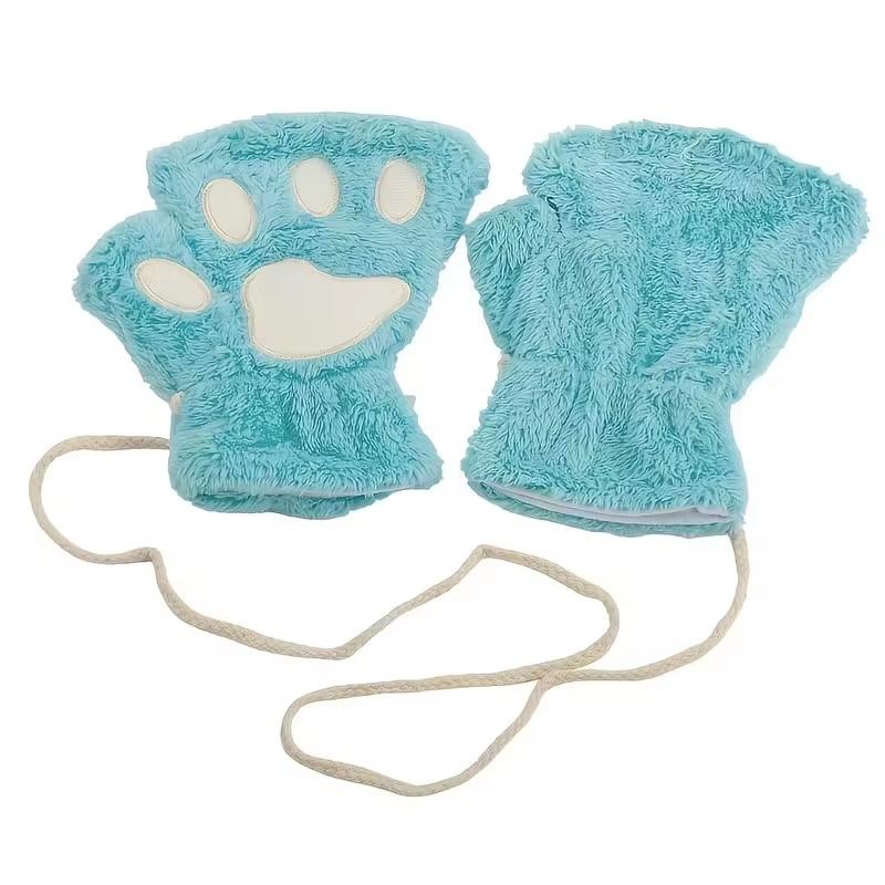 Mănuși cu gheare de pisică cu labe de desene animate pentru femei, mănuși de pluș, calde, moale, de pluș, scurte, fără degete, pufos, urs, pisici, costum, jumătate de deget