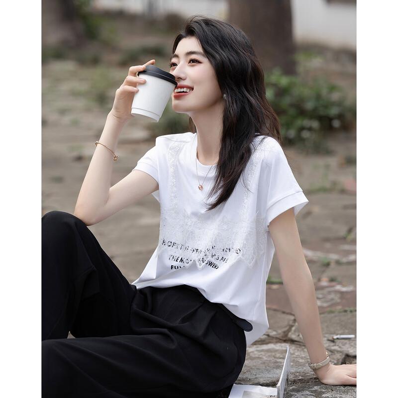 

Women s Summer Round Neck Letter Print T-Shirt with Lace XL