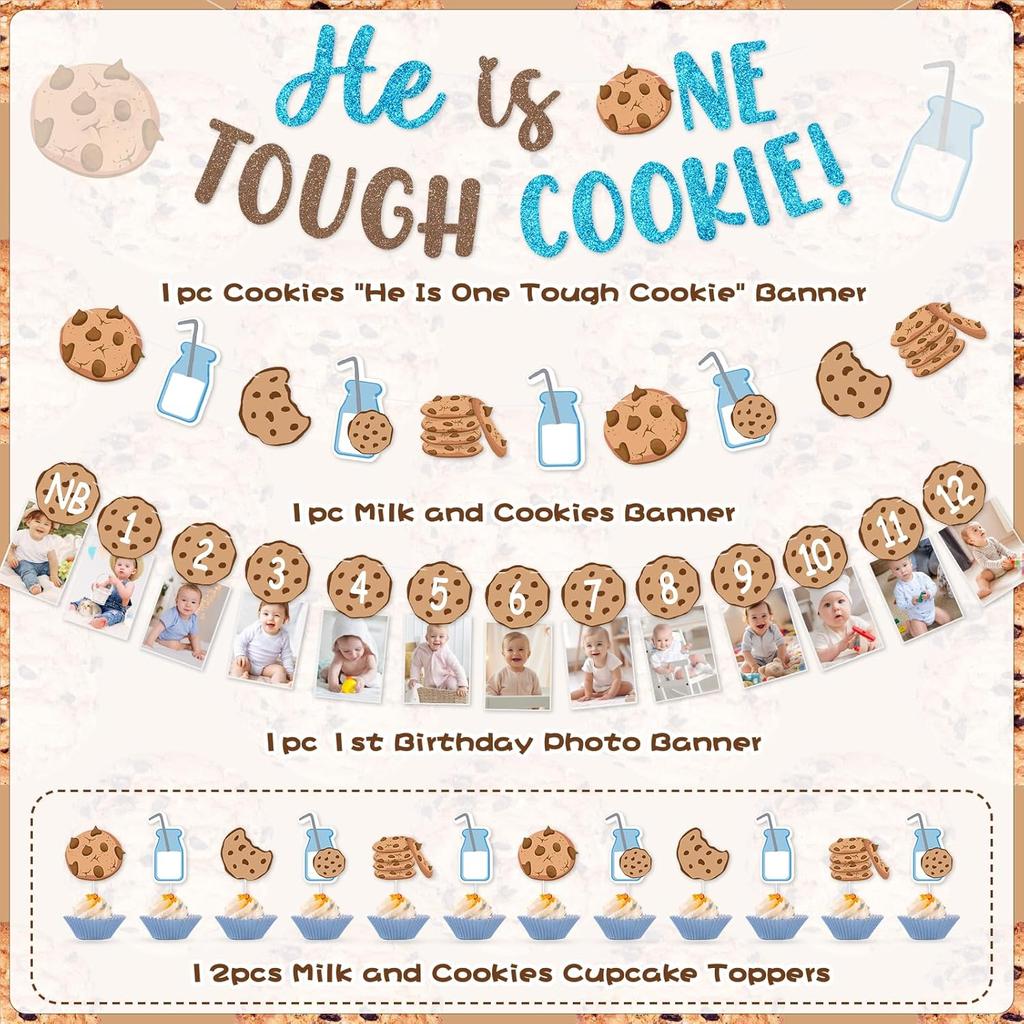 Milk and Cookies Boys First Birthday Party Decor, He Is One Tough Cookies Monthly Milestones Photo Banner Cake Cupcake Topper Balloons for Milk and