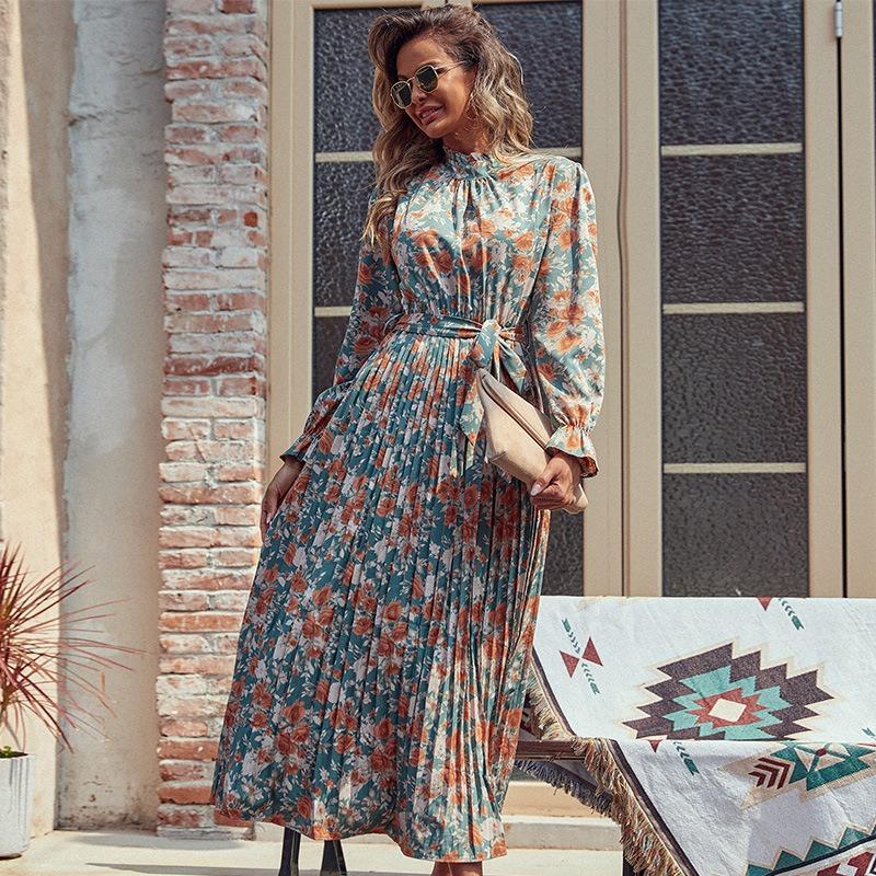 Abiti casual a vita alta con motivo floreale primavera autunno stampa manica lunga mezzo dolcevita
