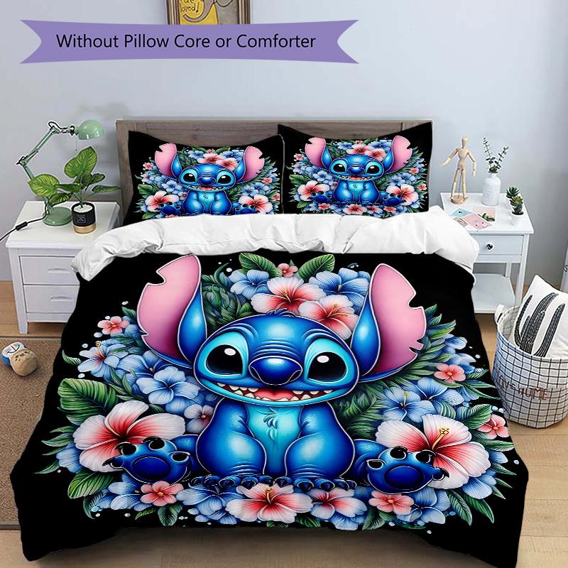 3dílná sada prošívaných přikrývek Stitch a květiny Měkká a pohodlná Dekorace ložnice, pokoje pro hosty a kolejí Sada povlečení B085