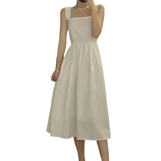 Čtvercový výstřih Bez rukávů Jednobarevné Zúžené v pase Letní šaty Sladké Elastický ramenní popruh Rozšířený velký lem Šaty na ramínka Streetwear