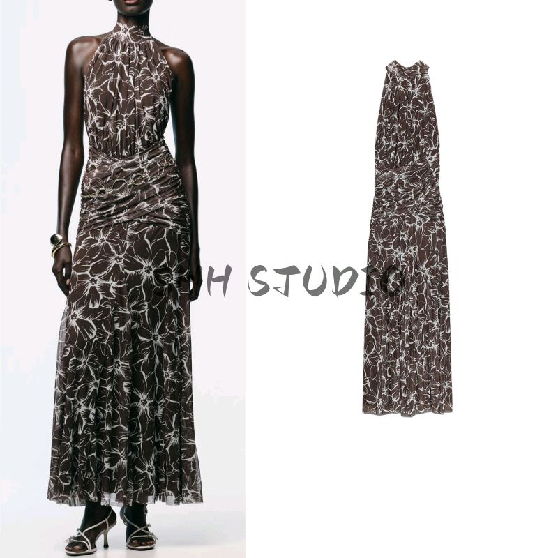 Fall Women's Clothing Ruched Decorative Bowknot Shoelace Hanging Collar Print Silk Net Length Dress 5039143