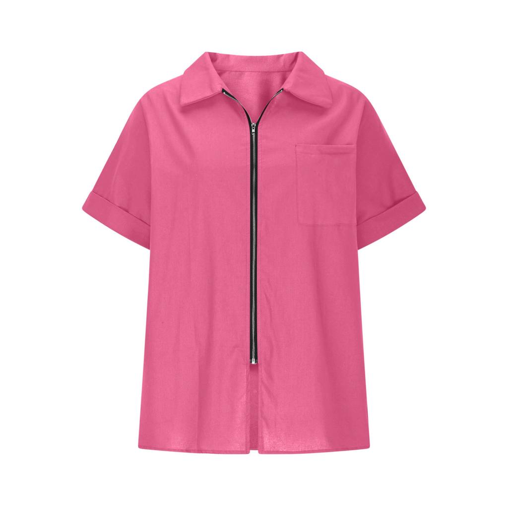 2026 Spring/Summer Cotton-Linen Pocket Button Short-Sleeve Shirt Casual Women's T-Shirt