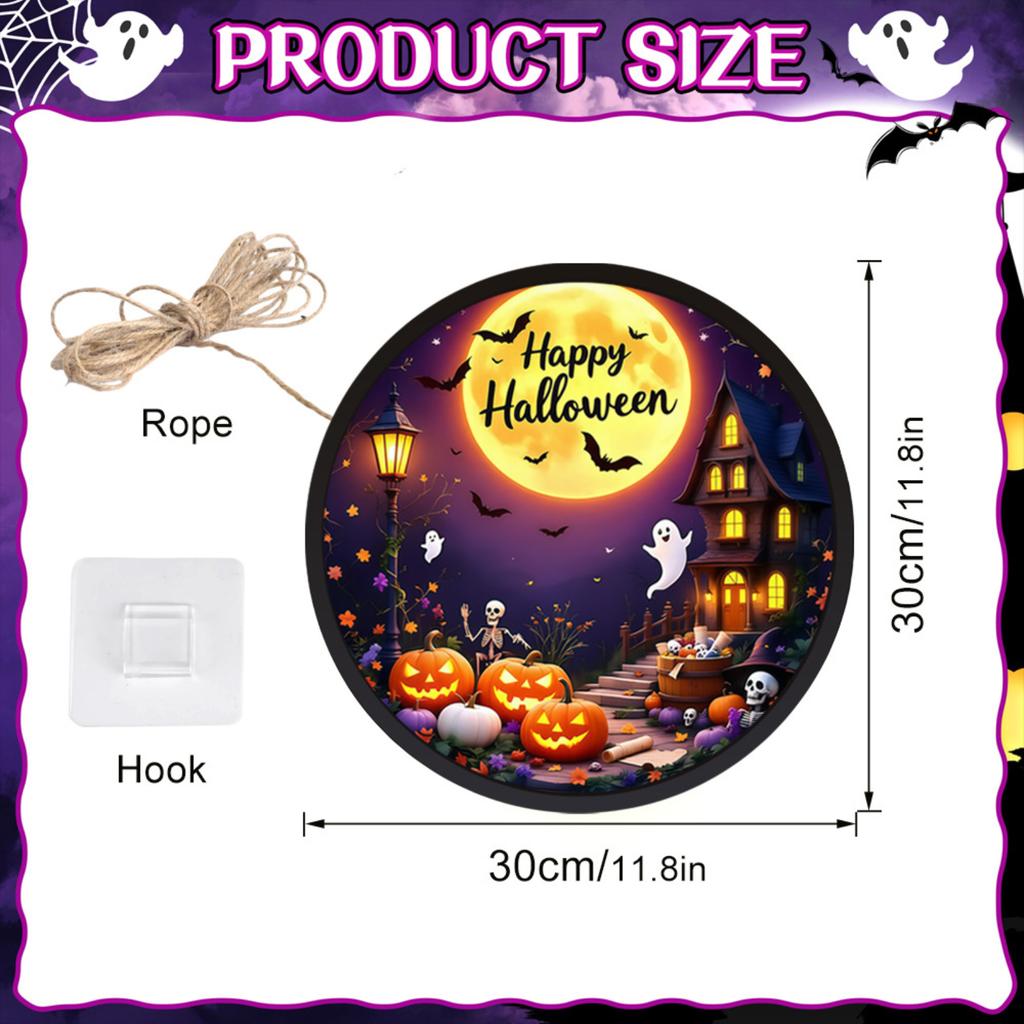 Halloween LED Light Up Hanging Sign Ghost Black Cat Pumpkin Bat Themed Decorative Party Ornament for Indoor Outdoor Display