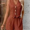 European & American Linen Summer Casual V-Neck Vest and Shorts Set for Women