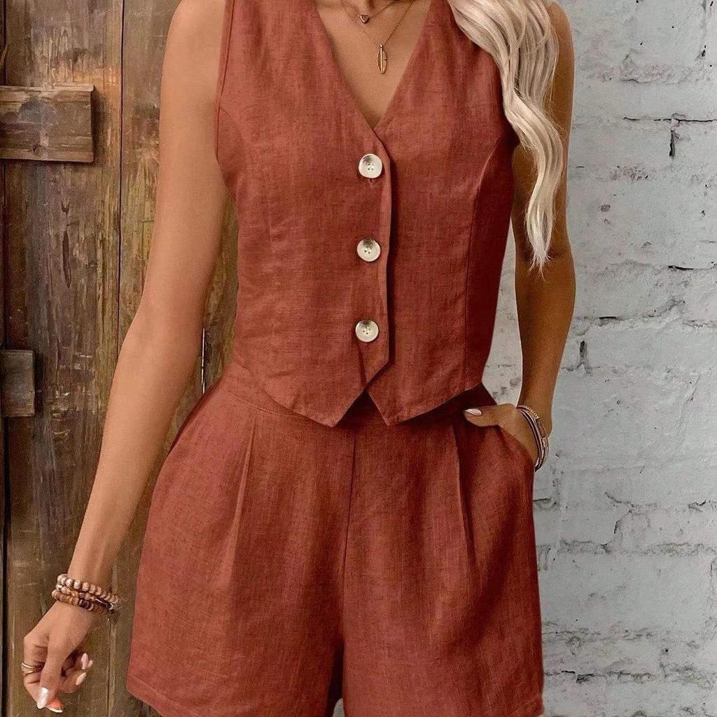 European & American Linen Summer Casual V-Neck Vest and Shorts Set for Women
