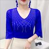 2025 Summer Mesh Diamond Slim Three-Quarter Sleeve Women's Fashion T-Shirt