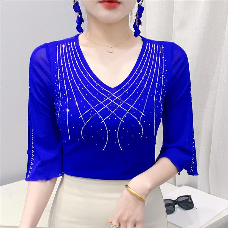 2025 Summer Mesh Diamond Slim Three-Quarter Sleeve Women's Fashion T-Shirt