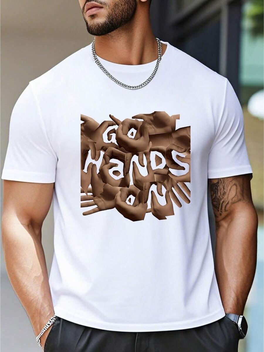 

Printed With The WoQINGs GO HANDS ON - Casual Hip-Hop Streetwear,Unisex s Casual Short-Sleeve T-Shirt S
