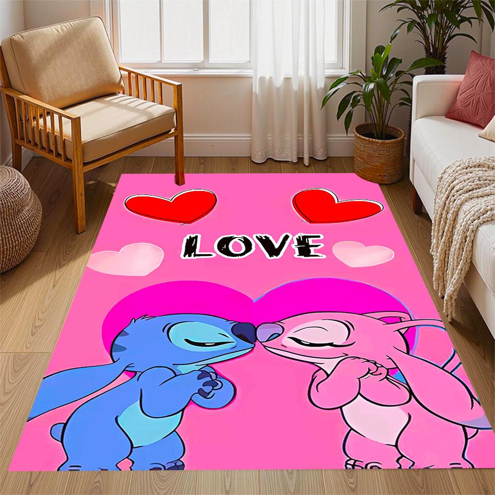Stitch Adventure In Flowers Disney Cartoon Theme Anti-Slip Rug - Polyester, Home Decor, Suitable for Bedrooms, Living Rooms, Doorways, and Studios