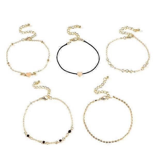 5 Pcs Gold Foot Jewelry Foot Link Ankle Link Foot Chain - Heart & Ball Gold