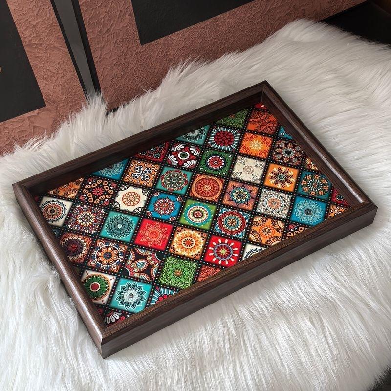 

Boho Wooden Tray Rustic Handmade Decorative Serving Storage Tray for Coffee Table Living Room Bedroom Kitchen Home Decor