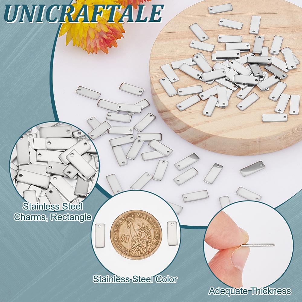 100Pcs Stainless Steel Stamping Blank Tag Pendants Rectangle Stainless Steel Color 13x5x0.5mm Hole: 1.2mm