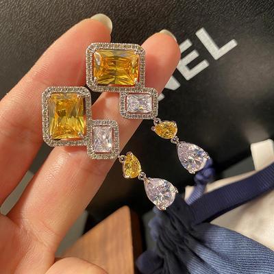Retro Palace Crystal Earrings: Micro-Inlaid Yellow Gemstone & Square Zircon with S925 Silver Needle, Elegant Teardrop Design for Banquets.