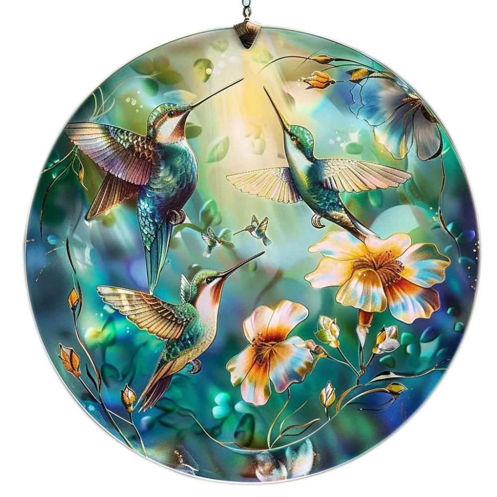 Portable Acrylic Hummingbird Hanging Suncatcher Flat Round Window Pendant Ornament Colorful Garland Decoration Window