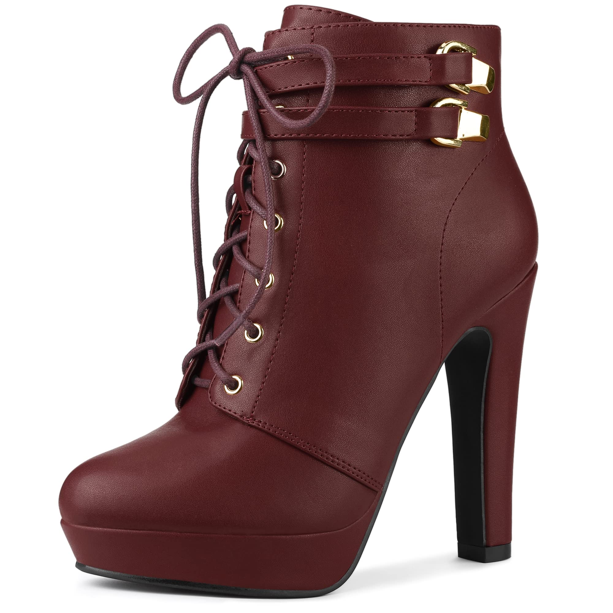 

Allegra K Women s Lace-Up Ankle Boots with Platform Block Heels, Burgundy, Size 25.0 cm