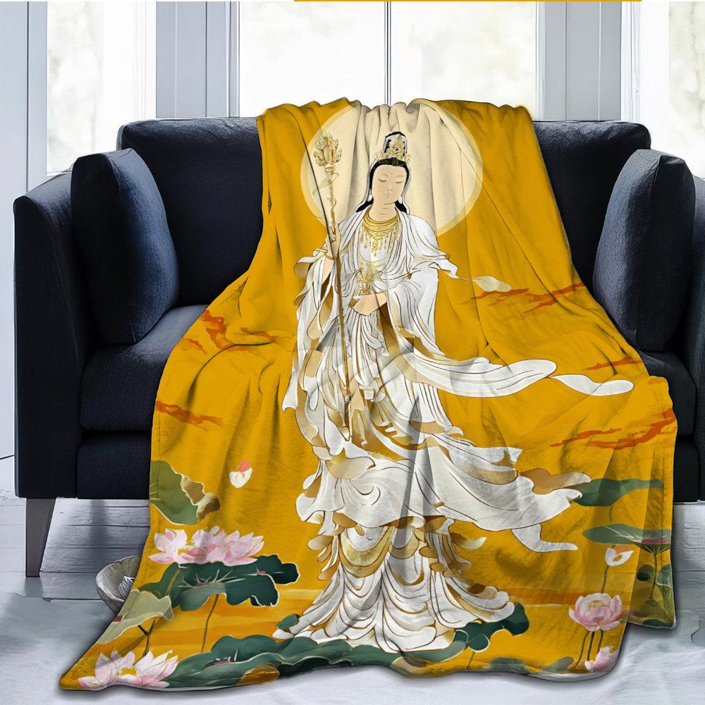 beautiful lotus of Guanyin Bodhisattva Flannel printed blanket suitable for all seasons for living room office sofa and travel