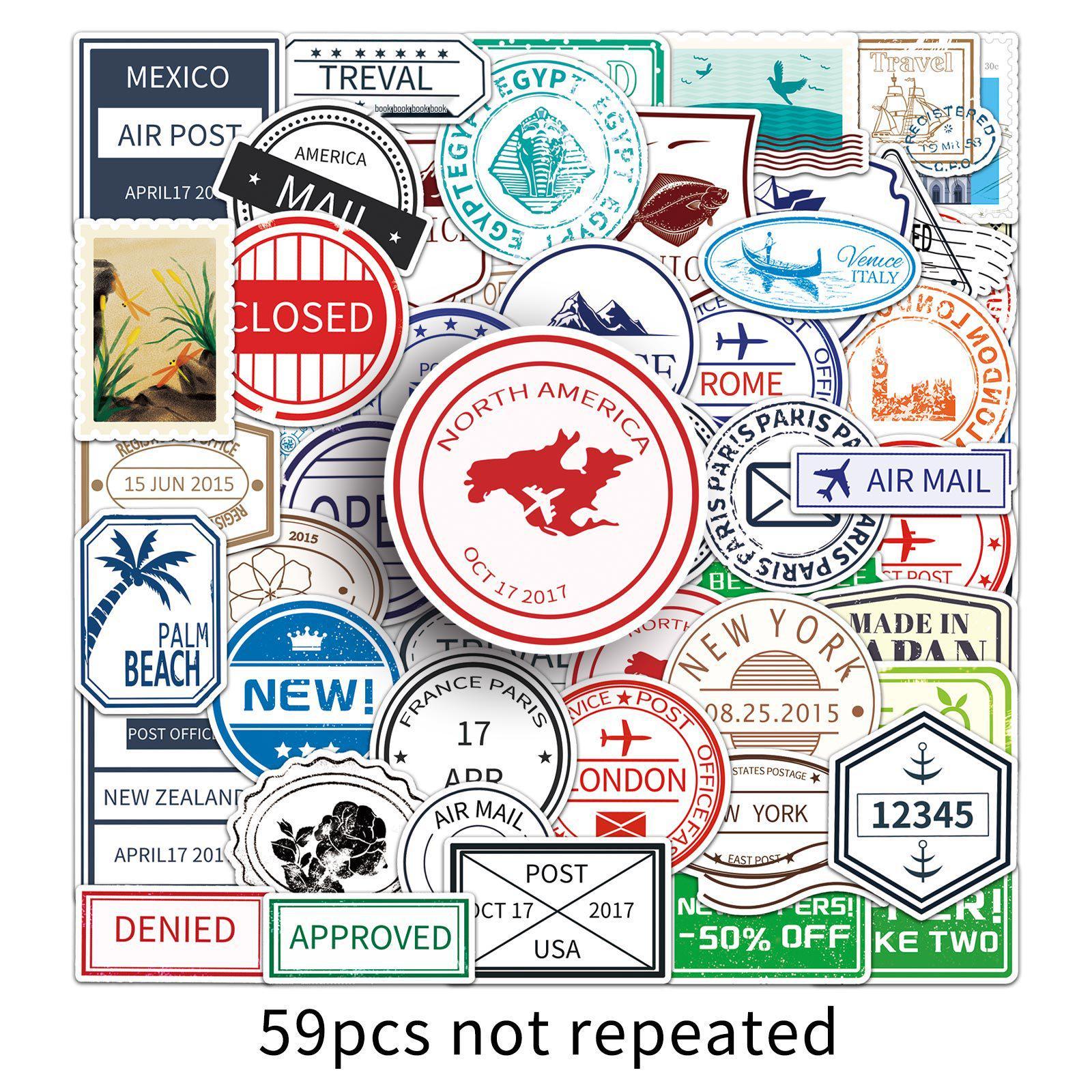 59PCS Waterproof Retro Postmark Stickers for Suitcases, Bicycles, Motorcycles, Cars & Phones