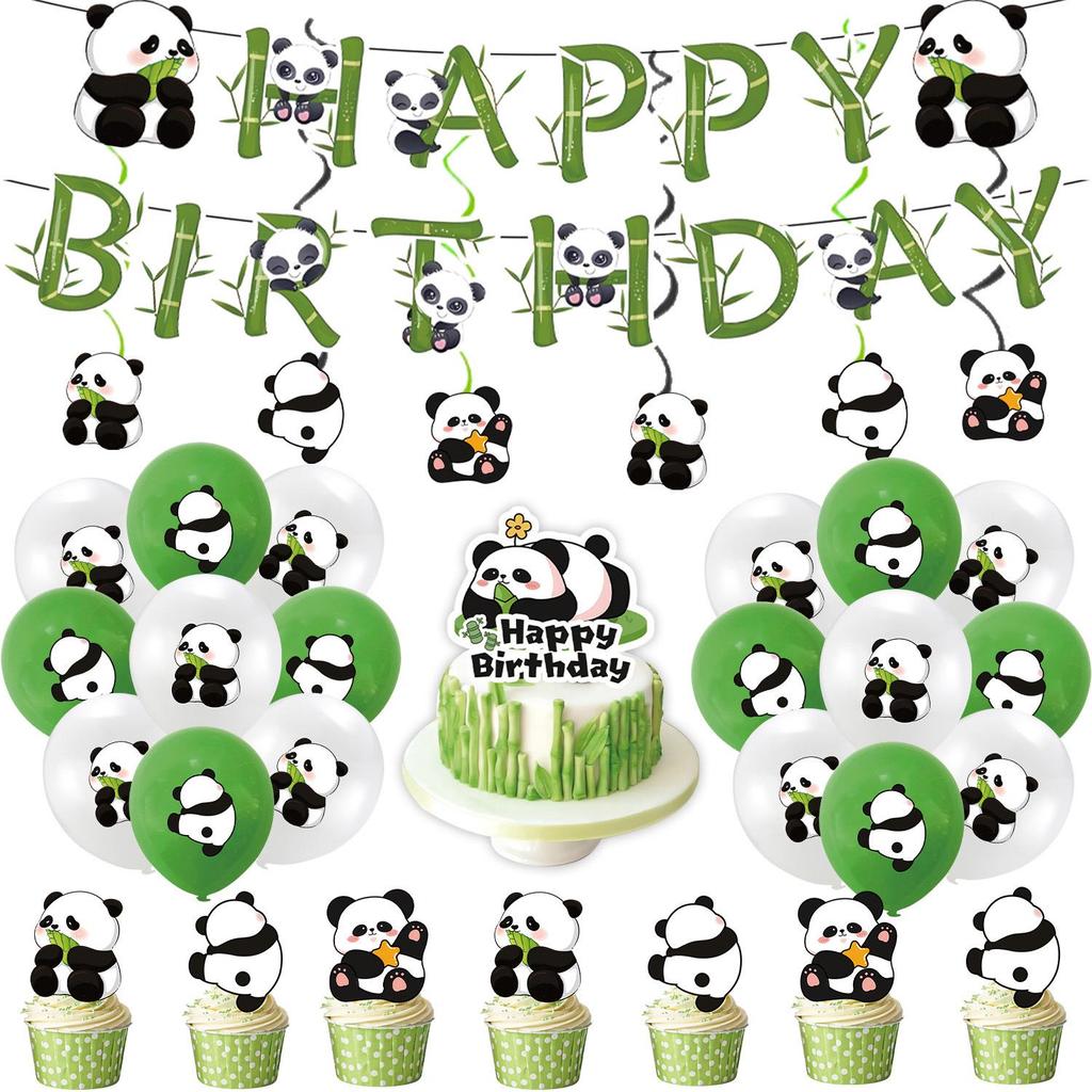 Bamboo Panda Theme Birthday Party Tableware Set: Disposable Tablecloth, Plates, Napkins, Cups, and Pull Flags