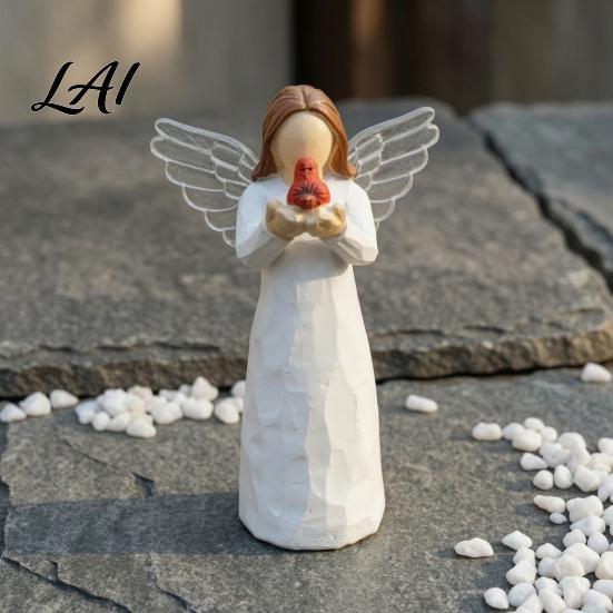Artistic Bookshelf Accent Red Bird Angel Figurine Resin Winged Holding Statue for Pastoral Home Decoration Bereavement Remembrance Sympathy Memorial