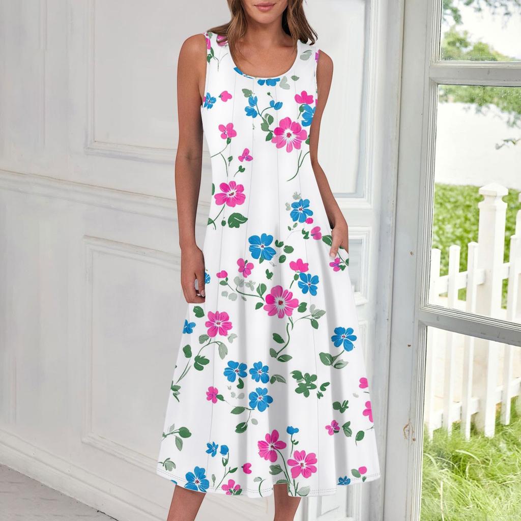 Women's Casual Fashion Floral Print Round Neck Sleeveless Midi Dress