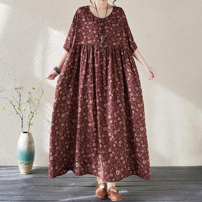Short Sleeve Plus Size Cotton Vintage Floral New In Dresses for Women Casual Loose Long Summer