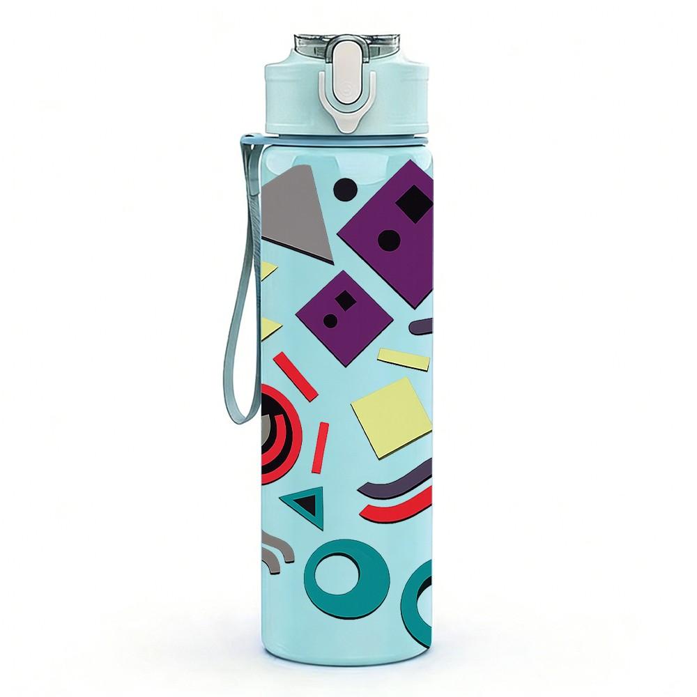 1PC Colorful Geometric Shape Doodle Print 750ml Color Plastic Sports Water Bottle Leakproof Flip Straw Lid Suitable for Sports Office Home Use