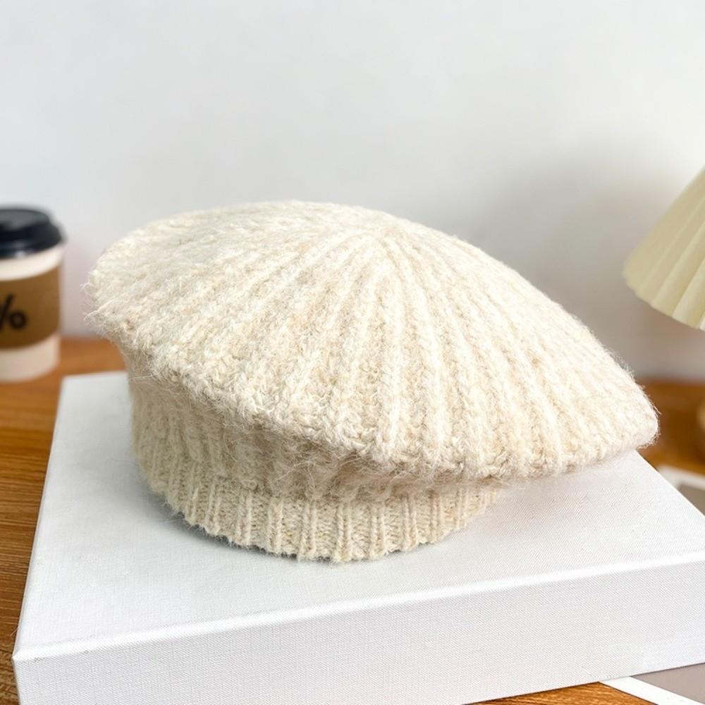 

Cold-proof Pullover Cap Solid Color Girl Painter Artist Hat Casual Women Knitted Beret бежевий