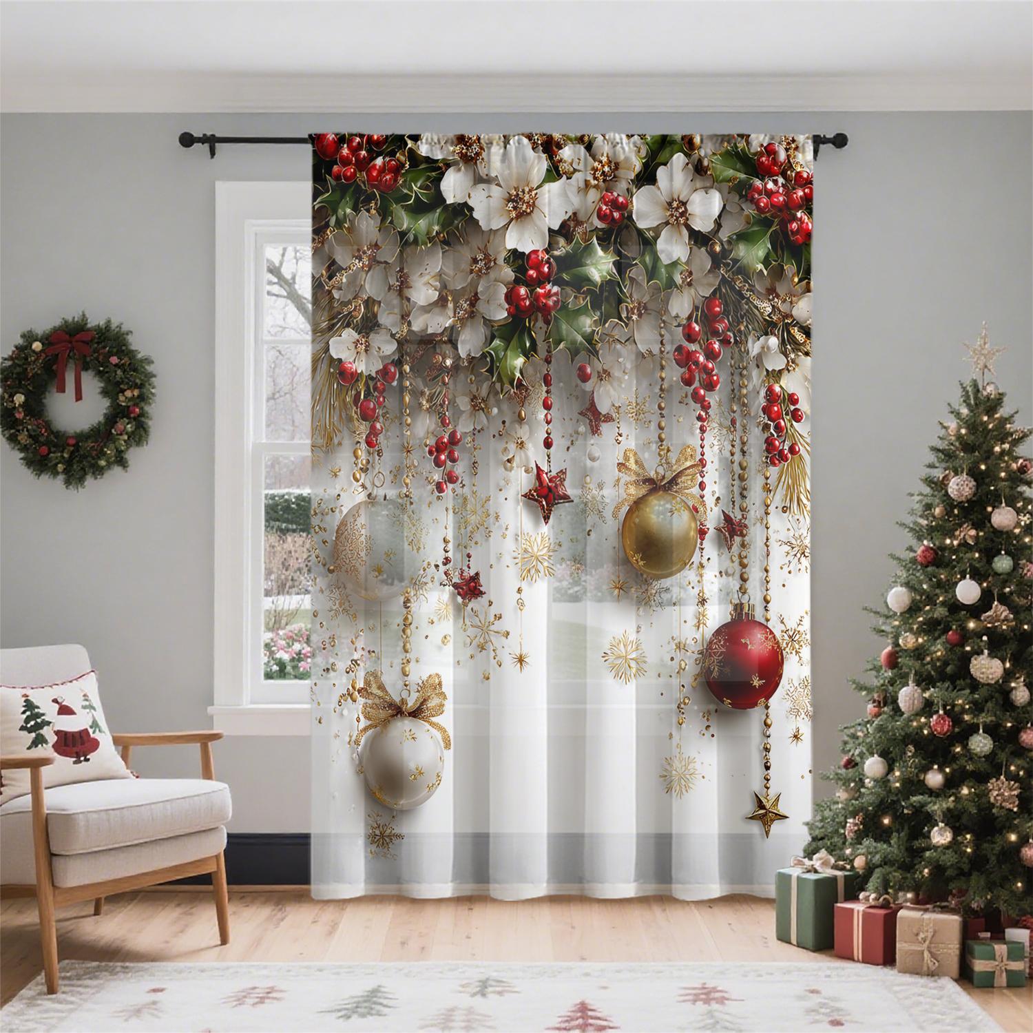 

Christmas Curtain Door Floral Design Lightweight Breathable Semi Transparent Polyester Material Suitable Living Room Bedroom Home Office Holiday W100*H70(CM)-Rod Pocket&1PCS