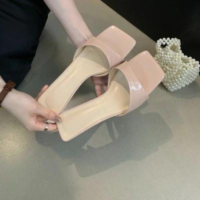 Fashion Square Toe Open Toe Sexy Non-Slip Slippers Summer New Versatile Stiletto Patent Leather High-Heeled Sandals
