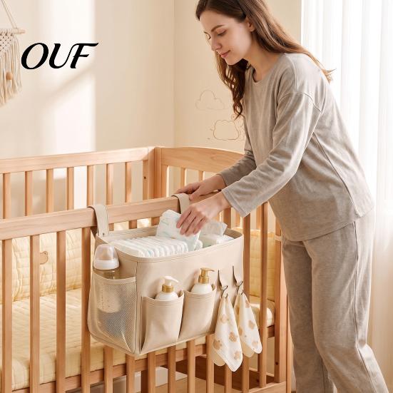 Infant Bedside Caddy Baby Crib Organizer, Multi-partition Pockets Hanging Storage Bag, Durable Portable Polyester Side for Diapers And Wipes