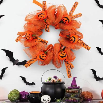 28cm Halloween Wreath Pumpkin Wreaths Mesh Fabric Wreaths Front Door Flower Garland Party Supplies Halloween Decoration