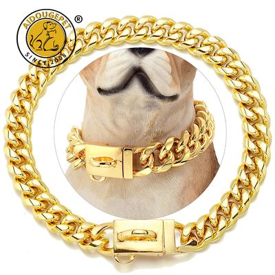 Guler pentru câini din aur de 18K Lanț cu legături cubaneze din oțel inoxidabil Colier metalic pentru animale de companie cu lățime de 14 mm pentru produs de guler de câine mic, mediu, mare