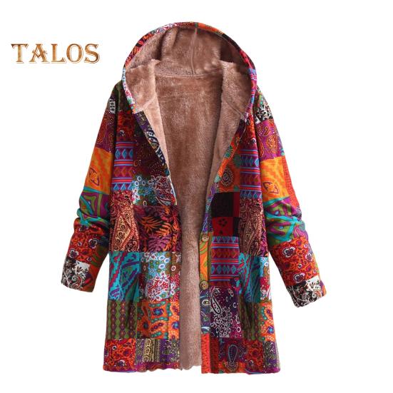 

Женское зимнее пальто с винтажным этническим принтом в стиле пэчворк с плюшевой подкладкой, капюшоном и карманами, куртка средней длины на пуговицах для активного отдыха S жёлтый