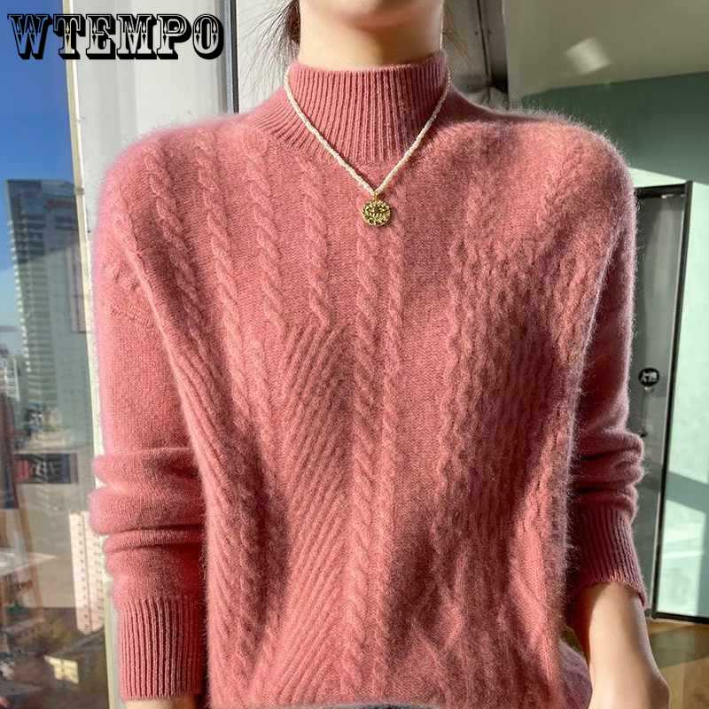 Half High Neck Sweater for Women Slim with Thick Knit Sweater for Warmth Long Sleeved Twisted Flower Pullover for Autumn and Winter