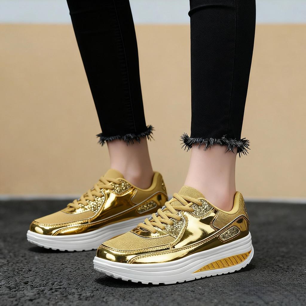 EOFK Women's Glitter Platform Wedge Athletic Tennis Walking Shoes Sparkly Sequin Lightweight Casual Comfort Fashion Sneakers