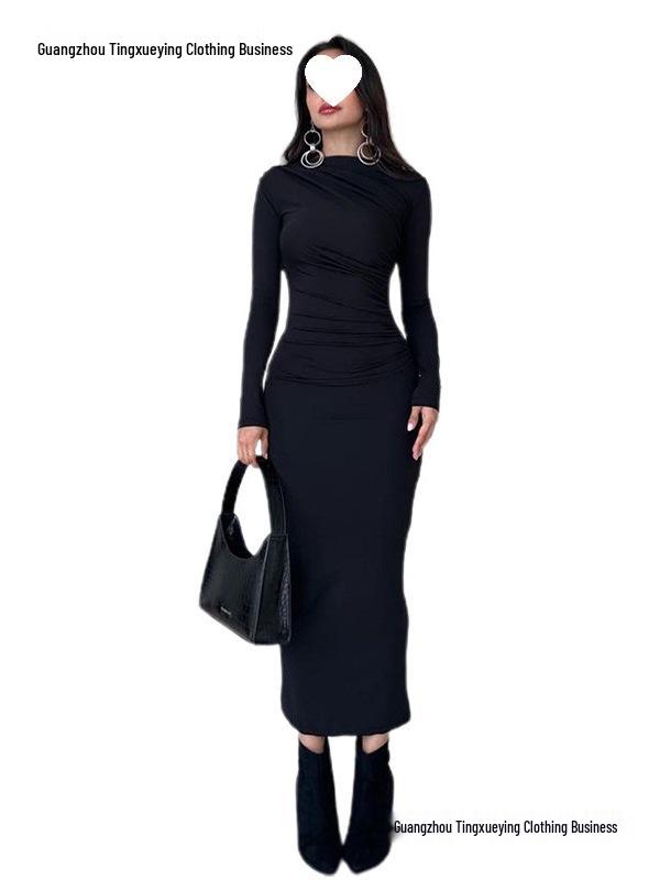European Style Elegant Round Neck Long Sleeve Slim Fit Bodycon Dress