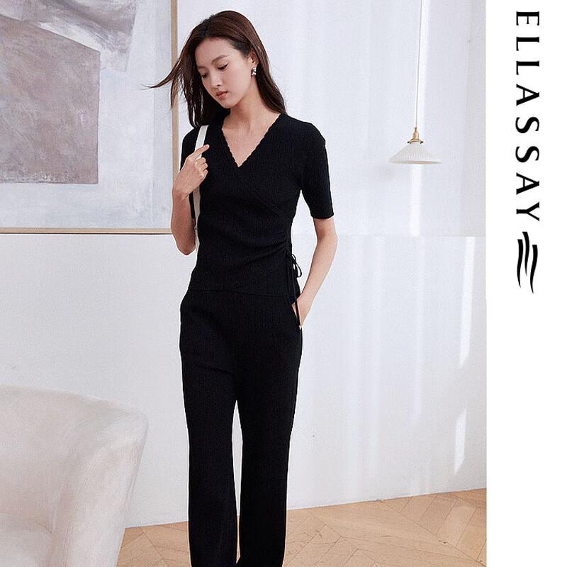 ELLASSAY Women's V-Neck Knit Short Sleeve Top