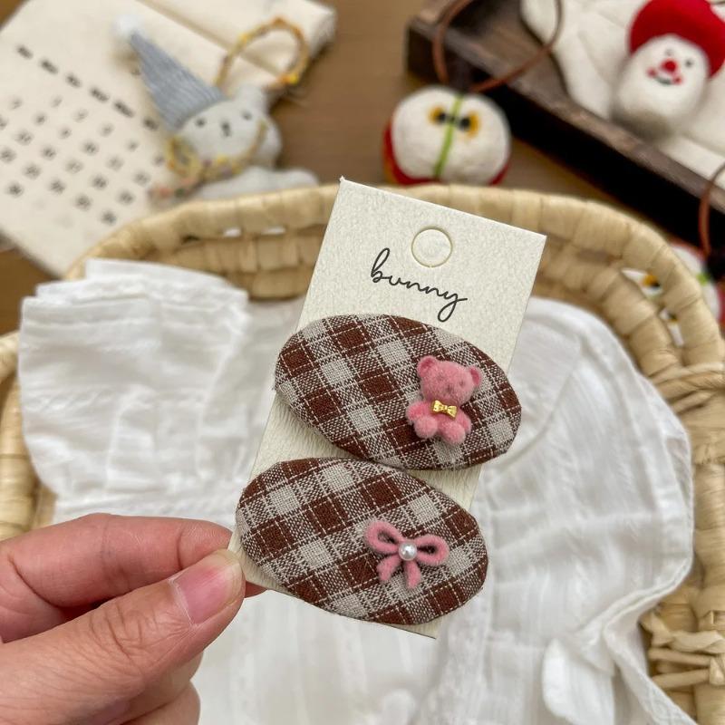 2 Pcs/Set Fabric Plaid Oval BB Clip Cartoon Hairpin Sweet Girl Hair Accessories Bangs Side Clip Barrettes Hair Clip Kids Headwear