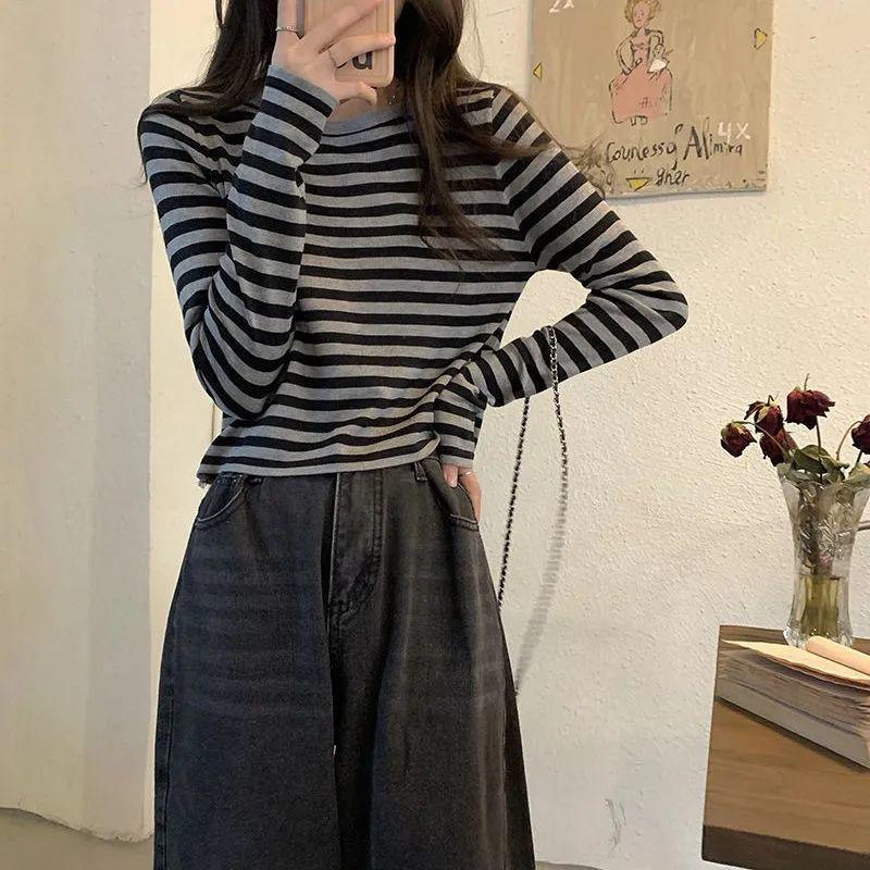 

Универсальный топ с круглым вырезом, в полоску, приталенного кроя, с коротким/длинным рукавом, осенняя мода, универсальный базовый слой, женский S