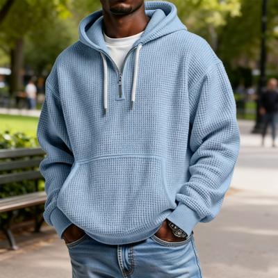 Erkek Sweatshirt Waffle Kumaş Kapüşonlu Düz Renk 1/4 Fermuarlı Kazak Ön Cepli Sonbahar Kış Günlük Bol Kesim Spor Üstler