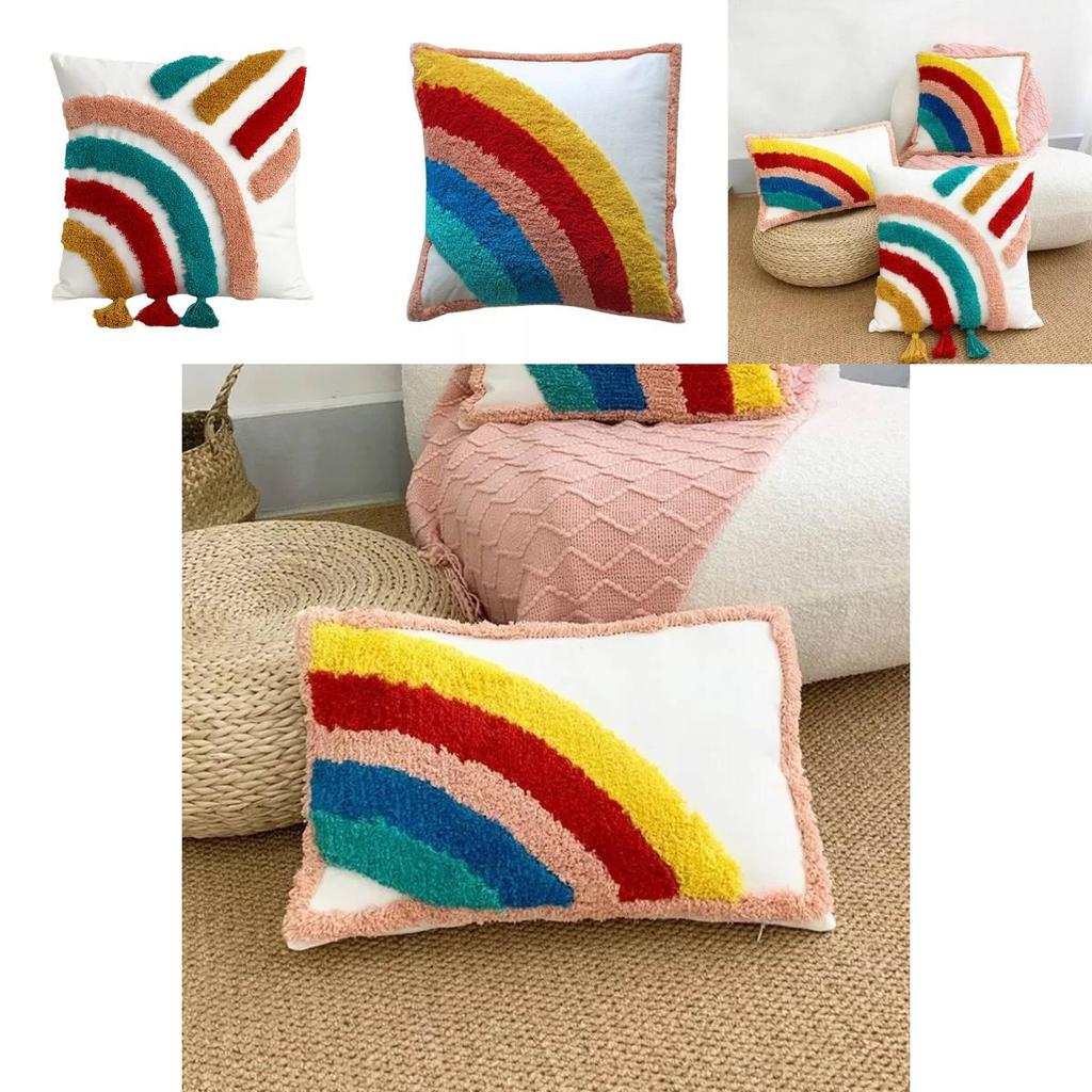 Bohemian Style Rainbow Pillow Cover Soft Cotton Linen With Tassels And Embroidery