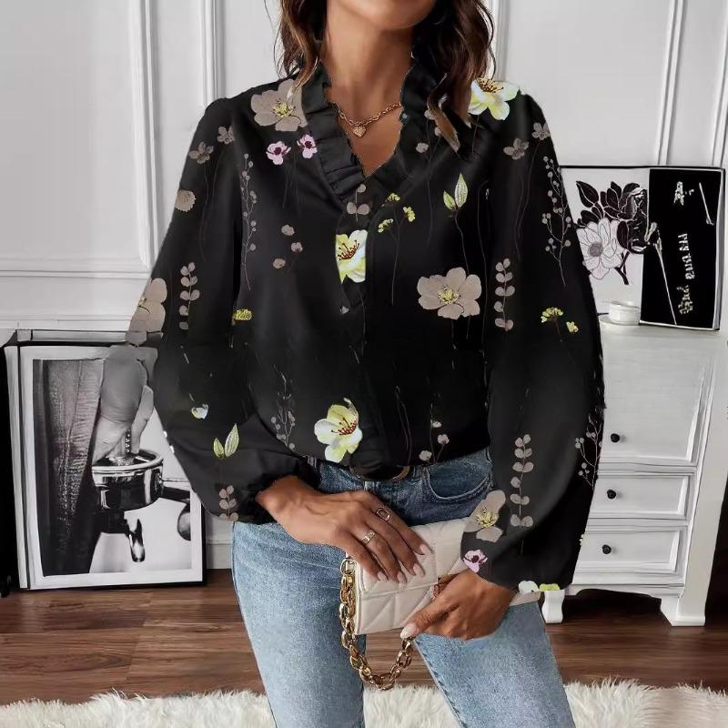 Dámská móda Ležérní jaro podzimní jednobarevné halenky a košile s dlouhým rukávem a výstřihem do V