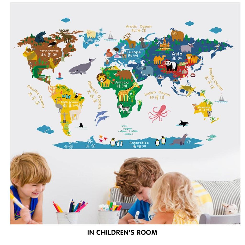 Buy Cartoon Animal World Map Wall Sticker Creative Kids Room Stickers ...