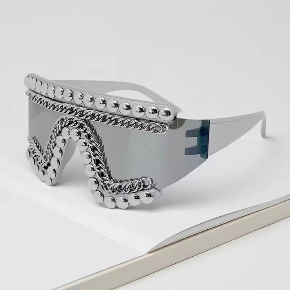 Silver Chain One-piece Sunglasses Rhinestone Decoration Trendy Shade Eyewear  For Women Men