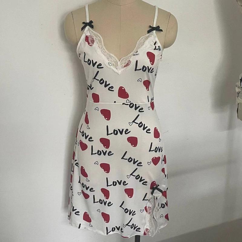 Women Sleepwear Nightgown Sexy Lingerie Love Printed Halter Backless Mini Dress Casual Pajamas Sleepshirts Nighties