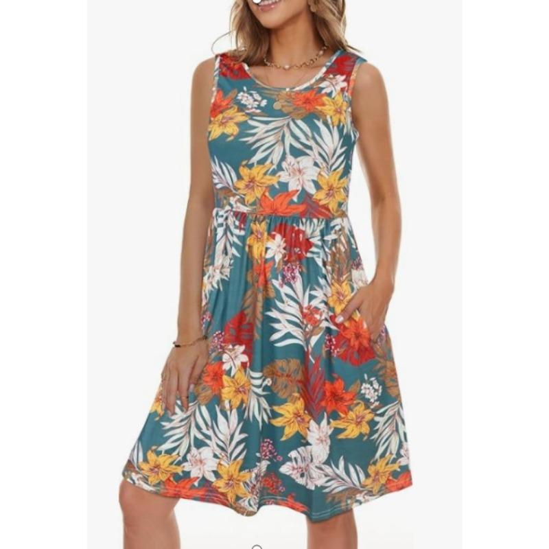 Sleeveless Dress Summer New Beach Hawaiian Print Loose Vest Skirt With Pockets